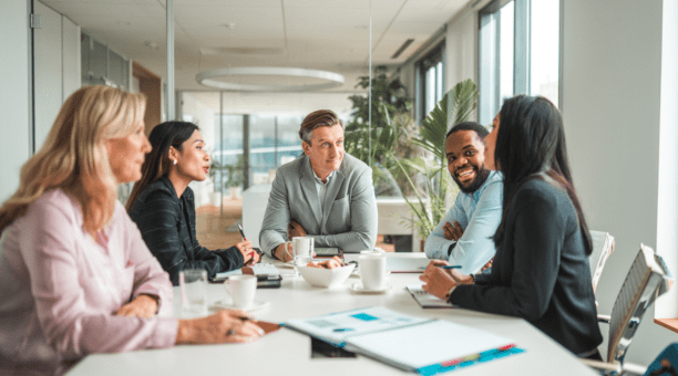 Five employees sitting around a conference table